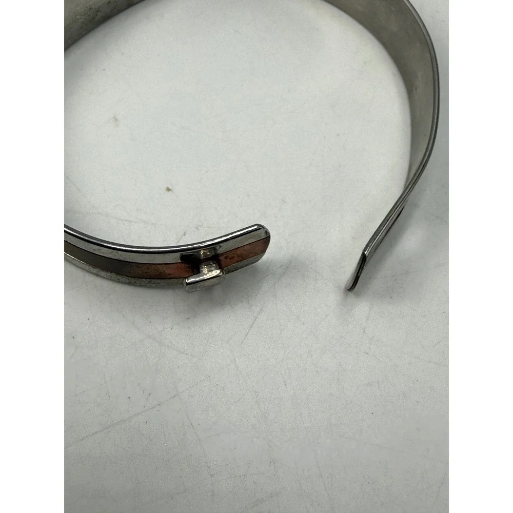 Avon Vintage Silver Tone Brown Inlay Modernist Bangle Bracelet Cuff Hook Clasp